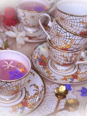 Gold-Trim Floral Porcelain Tea Cup and Saucer